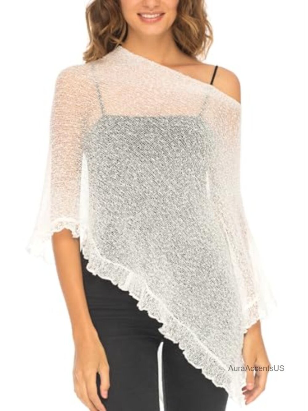 Sheer Knit Poncho Shrug Lightweight Asymmetrical Ruffle Wrap Dressy Summer